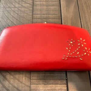 Baronet Red Wallet Vintage Clutch Coin Purse, Check Book/Gold Flower accent